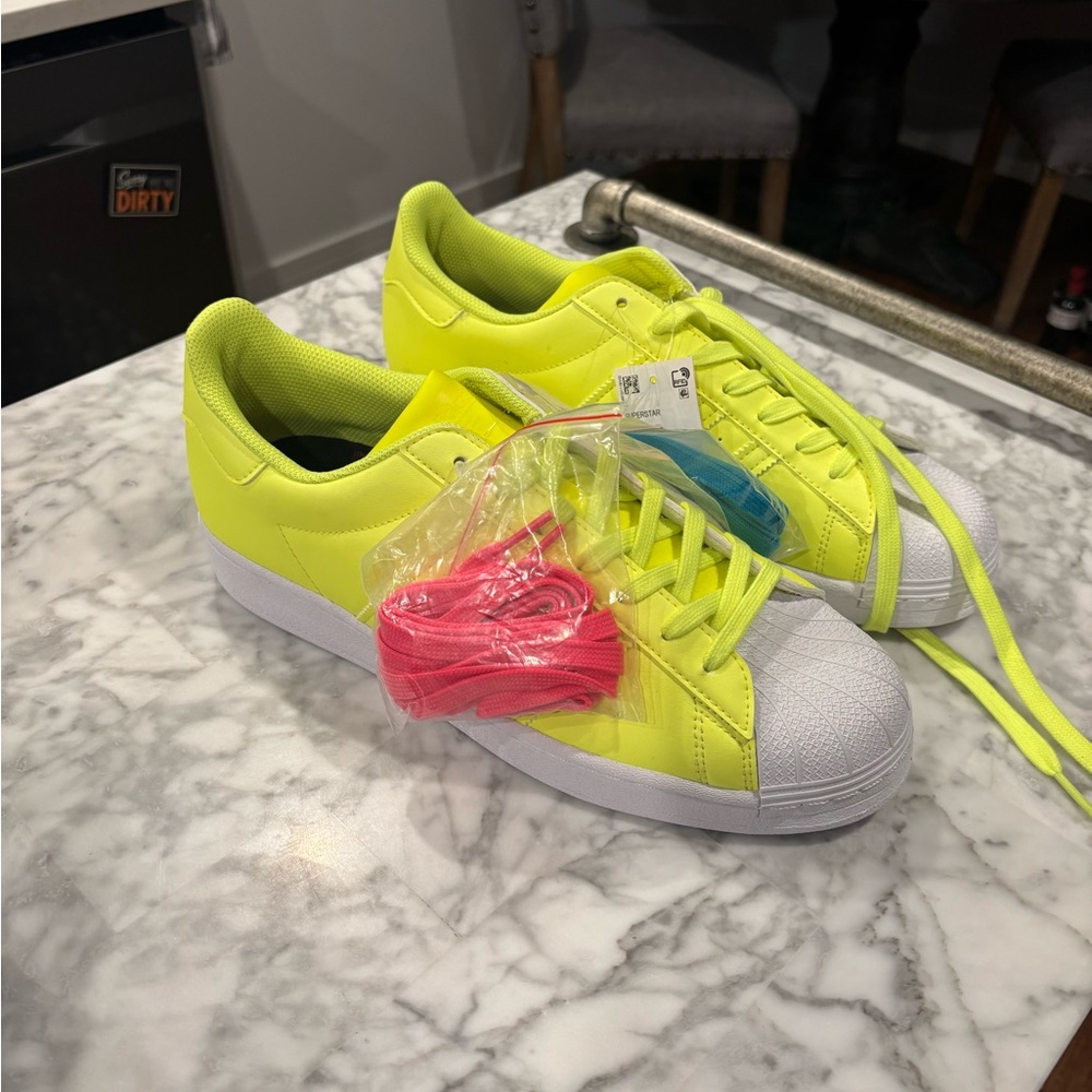 adidas Neon Yellow Athletic Shoes with White Toe